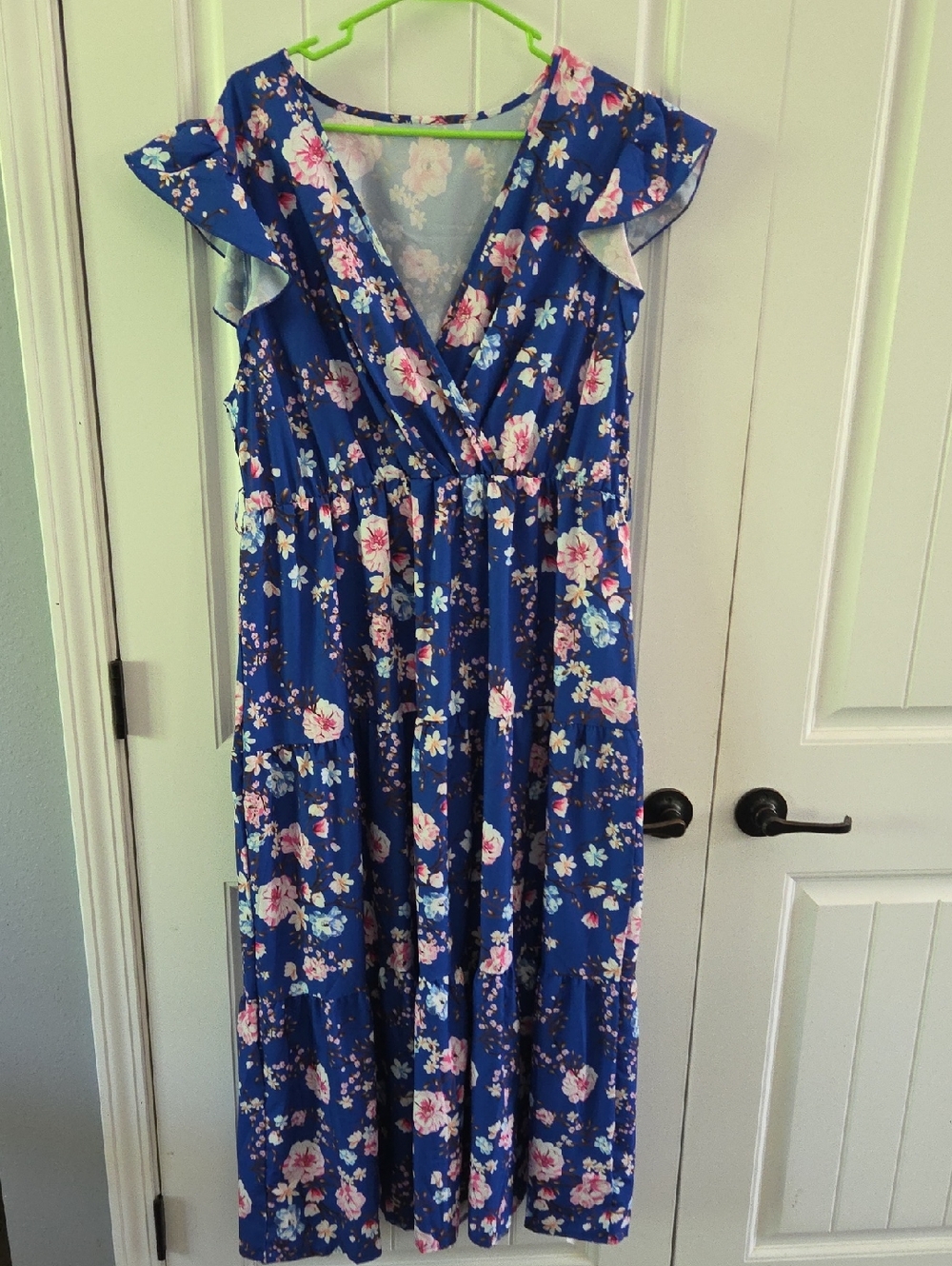 Blue Floral Midi Dress with Pink & White Blossoms